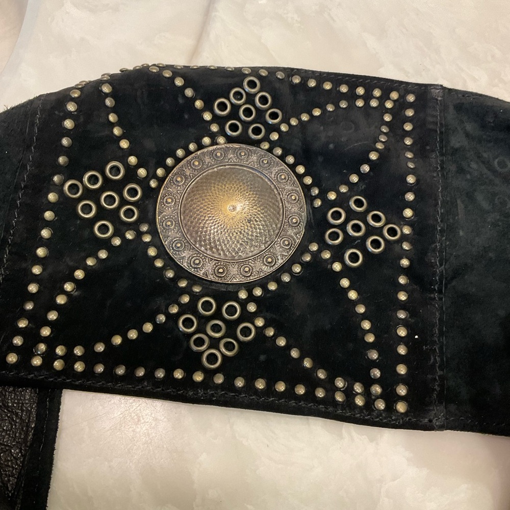 Black suede tie belt with gold stud work and fringe by (N)ine, Handmade, NWOT - Picture 2 of 10